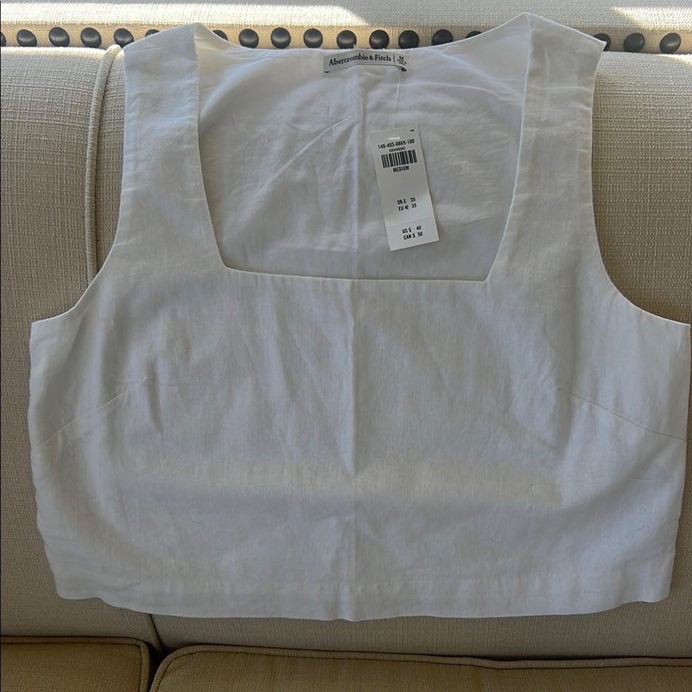 Abercrombie & Fitch White Square Neck Linen Cropped Tank